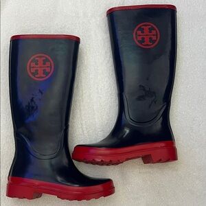 Tory Burch Black and Red Logo Glossy Rain Boots 6